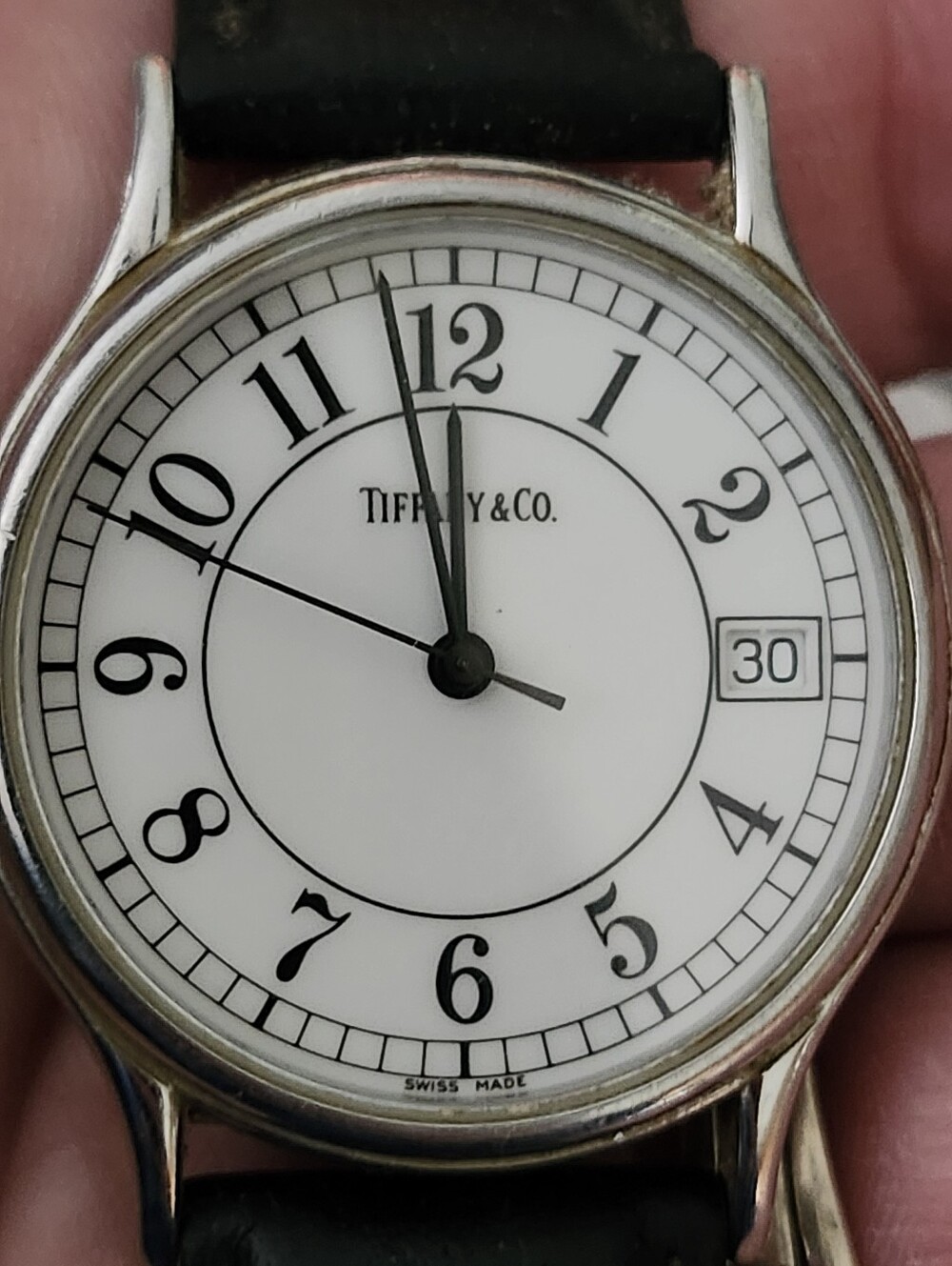 Vtg 90's Tiffany & Co. White Dial Black Leather Strap Watch - Picture 3 of 16